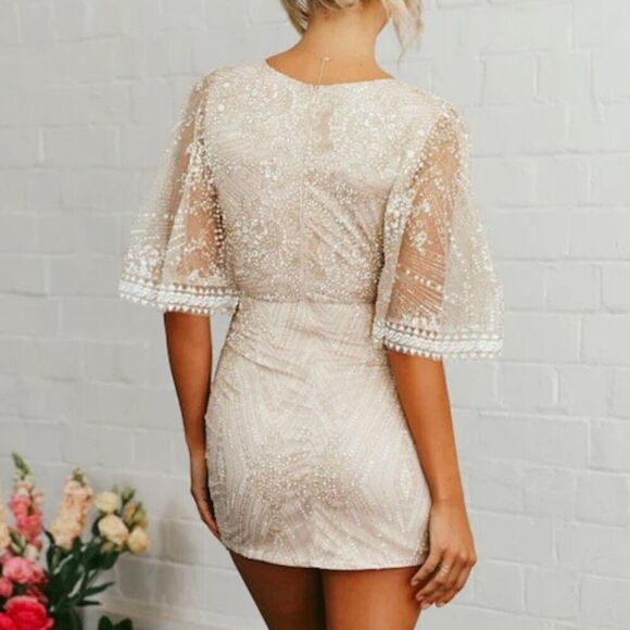 Hello Molly Allover Glitter Wrap Flutter Sleeve Mini Dress NWT Size Extra Small - Picture 2 of 7